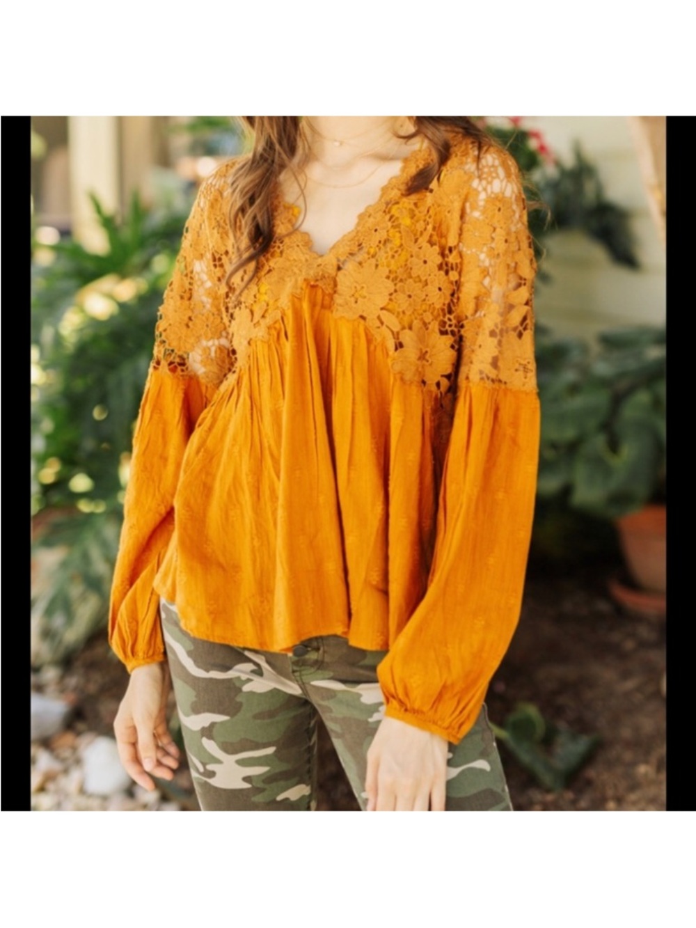 Womens Free People Lina Lace Top blouse. Size XS. Peasant Boho Crochet. Bronze.